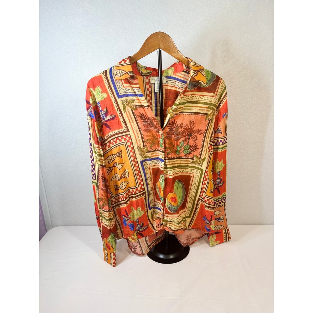 Calypso St Barth Womens XLCotton Tropical PostcardPrint Button Down Shirt Orange